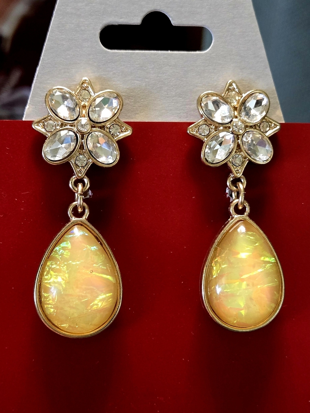 Avon Vintage Gold Drop Earrings with Iridescent Orange-Yellow Teardrops